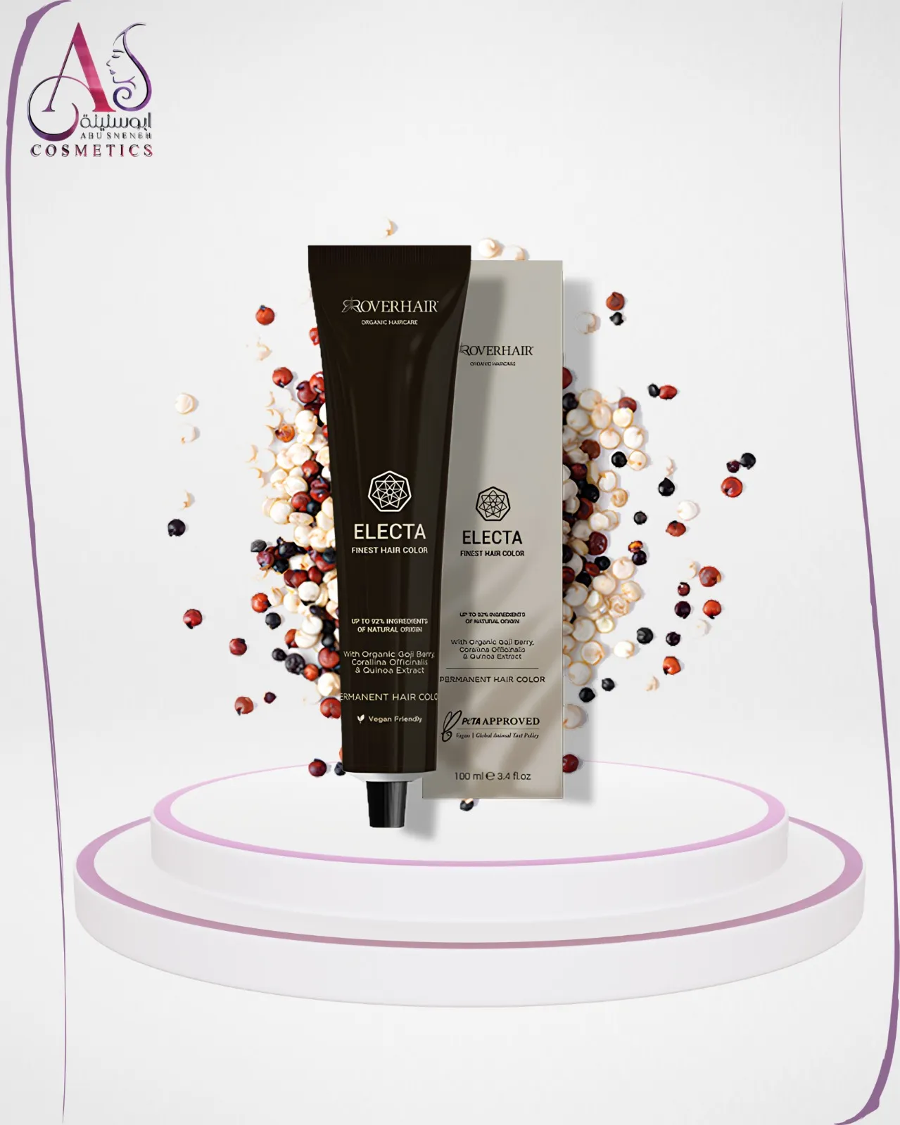 Vibrant hair colour swatches fanned out on a white surface with a small quinoa seed detail and studio lighting