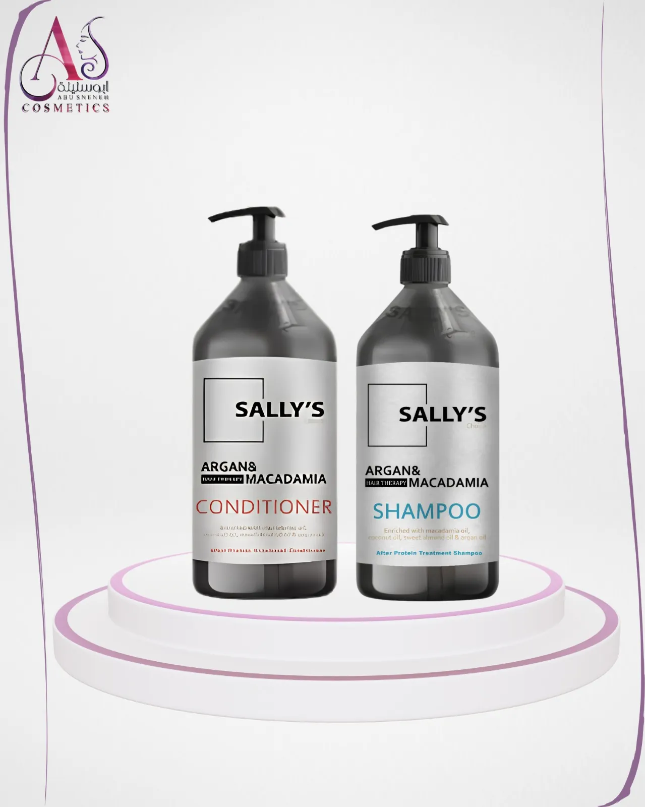 Large 1000 ml Sally's argan oil shampoo and conditioner bottles with macadamia nuts and argan fruits on a wooden surface